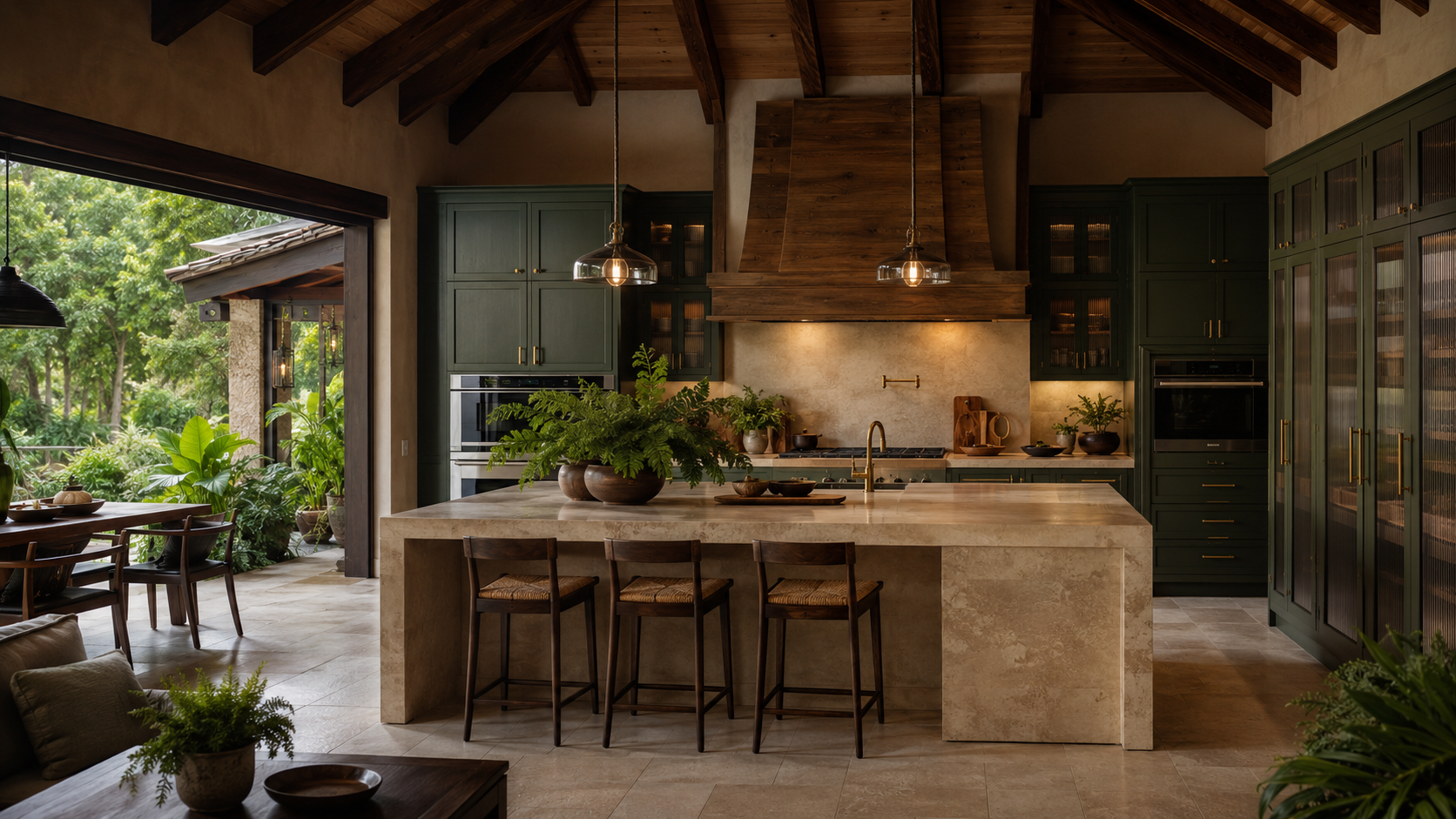 Concepto arquitectónico de cocina verde musgo tropical