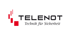 Telenot Logo mit dem Slogan Technik für Sicherheit und roten grafischen Elementen auf schwarzem Hintergrund.
