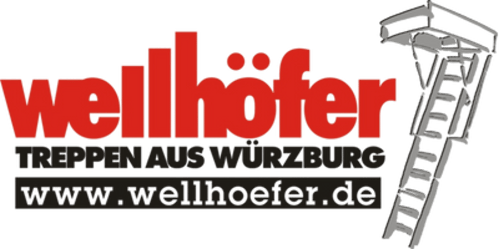 Wellhöfer Logo mit rotem Schriftzug, "Treppen aus Würzburg" und "www.wellhoefer.de" mit grauem Treppen-Symbol.