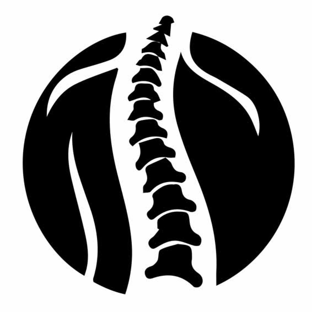 Stilisierte Wirbelsäule in einem Kreis, der einen menschlichen Oberkörper darstellt.