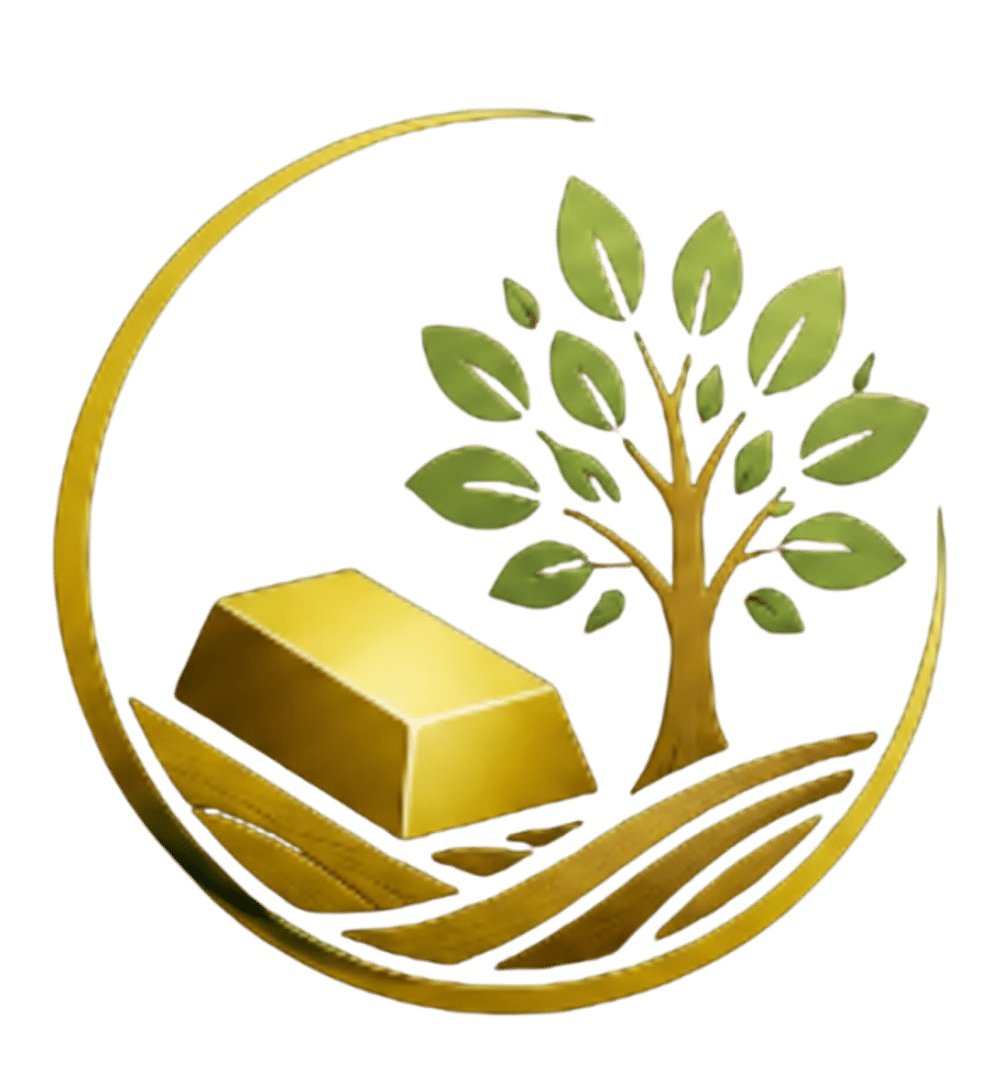 Ein Goldbarren und ein grüner Baum auf goldenem Boden, umschlossen von einem goldenen Kreisbogen auf schwarzem Grund.