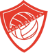 Rotes Wappenschild-Logo mit einem weißen Volleyball und dem Text "RUHRVOLLEYS".