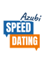Azubi Speed Dating Logo: Azubi oben, SPEED auf blauem Sprechblasenfeld, DATING auf orangefarbenem Sprechblasenfeld.