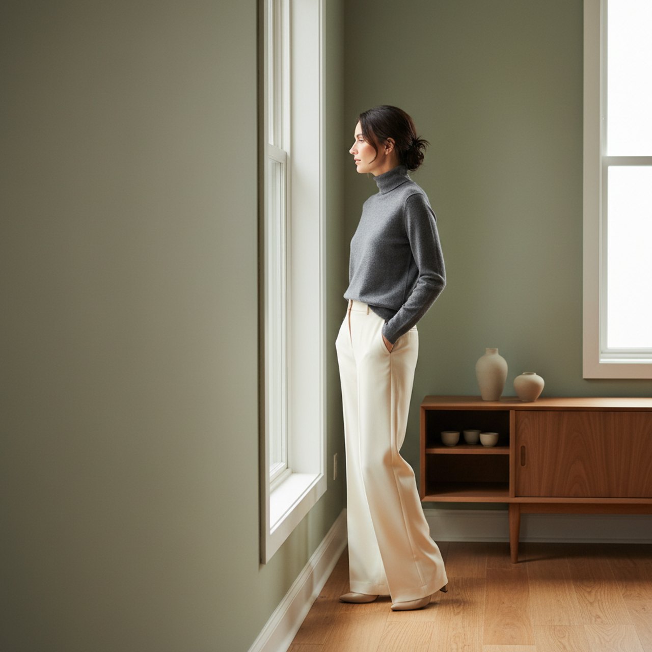 A contemplative professional woman standing near a large window in soft natural morning light