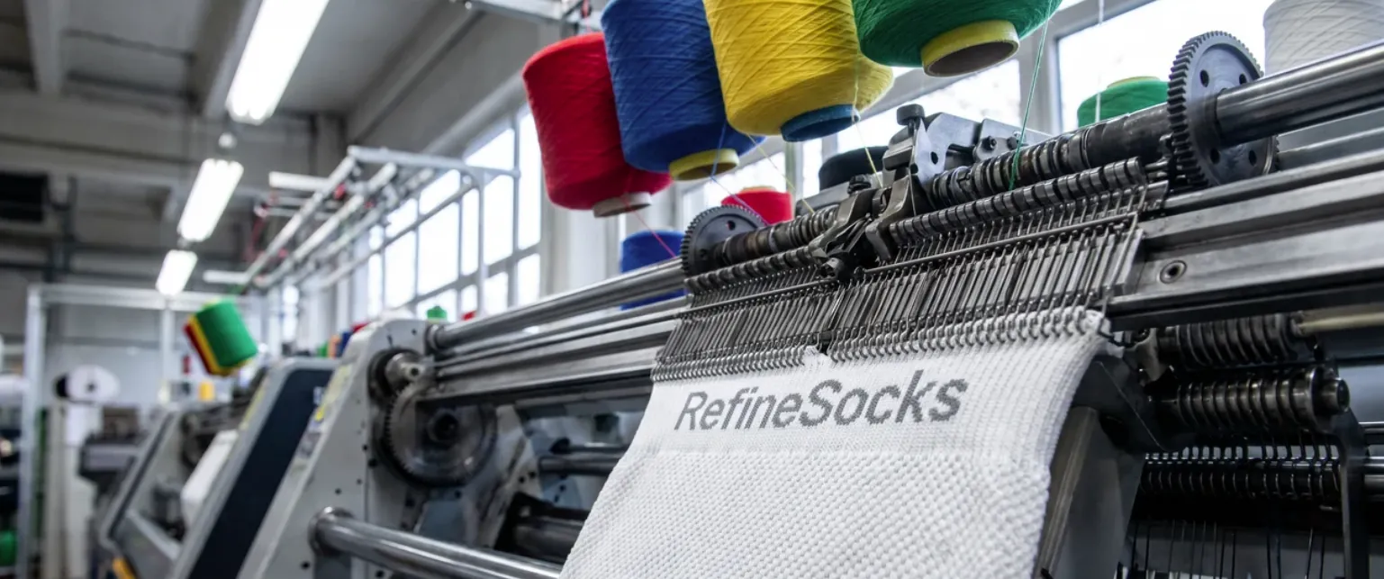 Frau im Pilates-Studio haelt weisse Grip Socks mit Logo in die Kamera