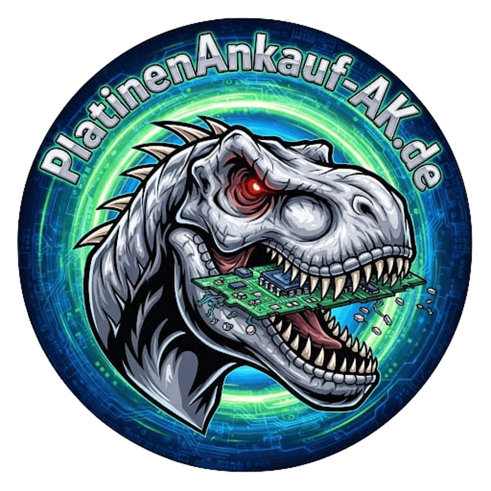 Gelbe Dinosaurier-Silhouette mit Text "PLATINENANKAUF AK" auf grünem Hintergrund.