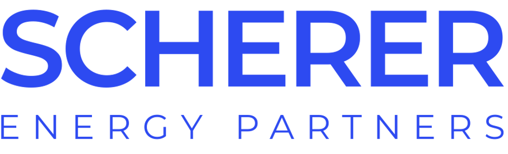 Blauer Text "SCHERER ENERGY PARTNERS" auf dunkelgrünem Hintergrund.