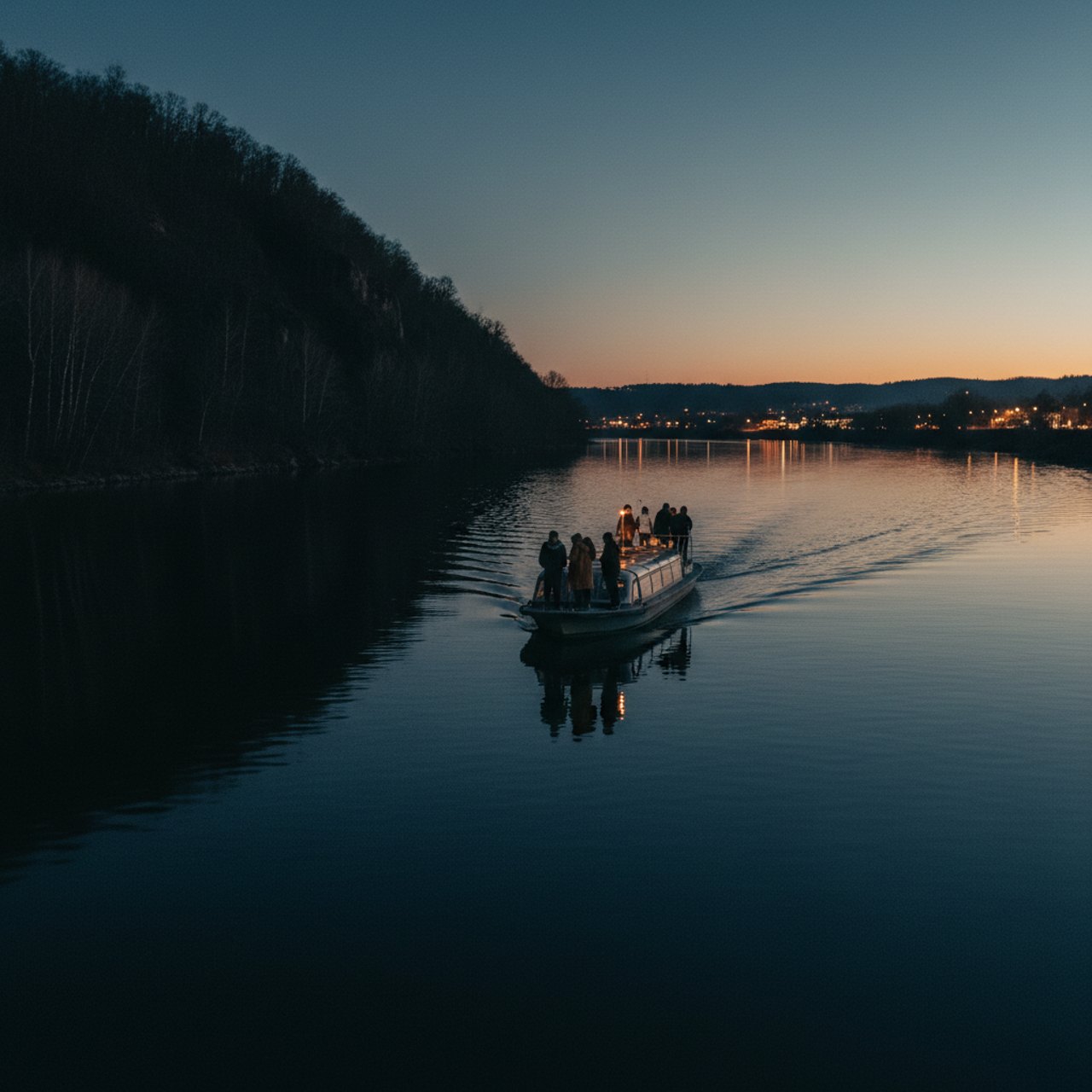 Konzeptmotiv: dunkler Rhein bei Nacht mit warmen Lichtreflexen und einem beleuchteten Fahrgastschiff