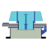 Querschnitt eines Vibrationssiebs mit hellblauer Kammer und grauer Basis, verbunden durch Schrauben und Federn.