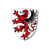 Rot-schwarzer Greif mit blauer Zunge, Krallen und Schnabel auf weißem Wappenschild.