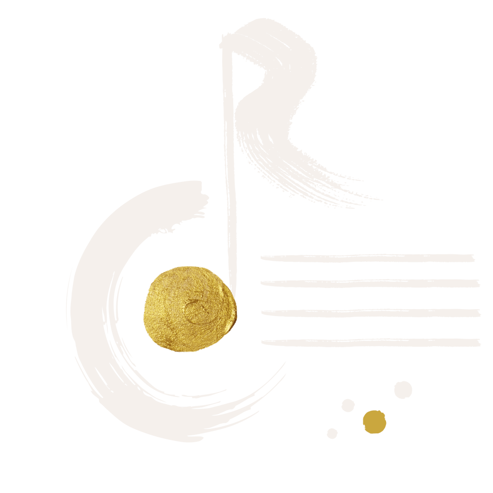 Abstrakte Musiknote mit goldenem Kopf und weißem Pinselstrich-Hals vor schwarzem Hintergrund mit Notenlinien.
