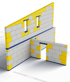Interlocking white, yellow, and blue construction blocks form a two-story wall structure with window and door openings.
