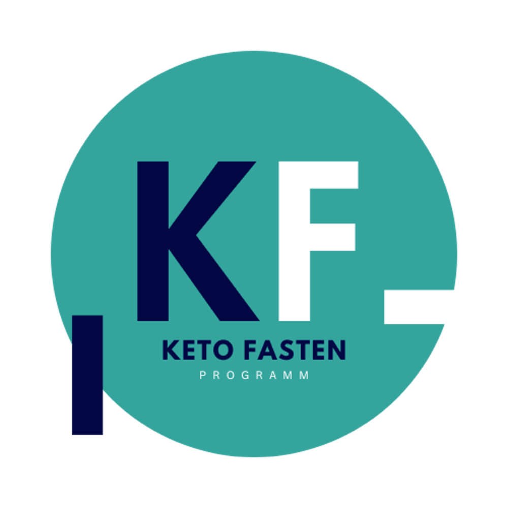Blaugrüner Kreis mit dunkelblauen und weißen Buchstaben "KF", darunter "KETO FASTEN PROGRAMM".