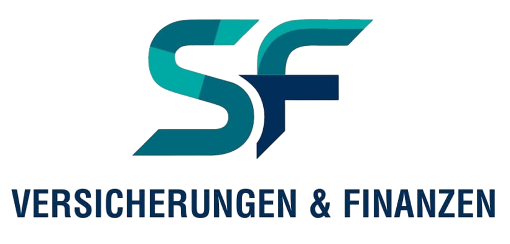 Logo mit stilisierten Buchstaben SF in Türkis und Blau, darunter der Text „VERSICHERUNGEN & FINANZEN“.