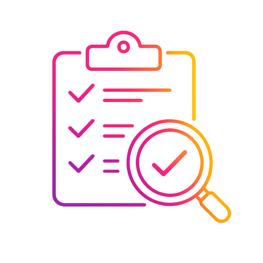 Checklist with three completed items, and a magnifying glass with a checkmark on a dark green background.