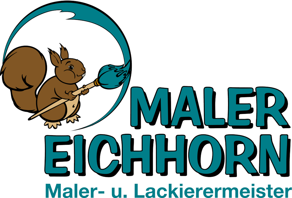 Braunes Eichhörnchen mit blauem Pinsel malt einen Kreis, daneben Text "MALER EICHHORN Maler- u. Lackierermeister".