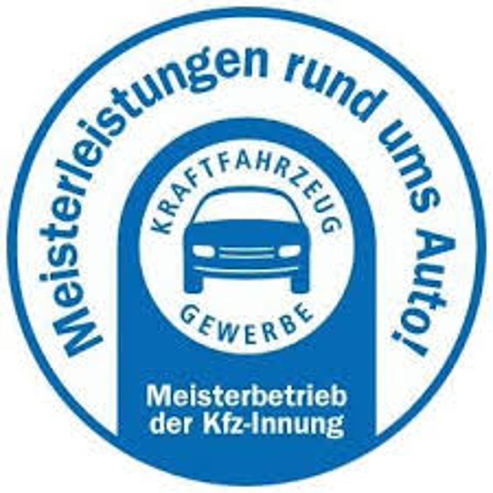 Blaues rundes Logo: „Meisterleistungen rund ums Auto!“, „KRAFTFAHRZEUG GEWERBE“, „Meisterbetrieb der Kfz-Innung“.