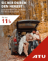 Familie sitzt im Kofferraum eines SUV im Herbstwald. Text: "SICHER DURCH DEN HERBST", "Jetzt Mobilitäts-Check Basis für Ihr Auto buchen!", "Für nur 11€ 99", "ATU".