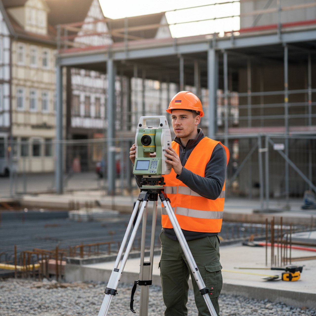 Vermessungsingenieur mit Totalstation auf einer Baustelle in München