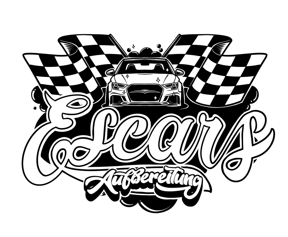 Schwarzes und weißes Logo mit einem Auto, zwei Zielflaggen und dem Text "E-Cars Aufbereitung".