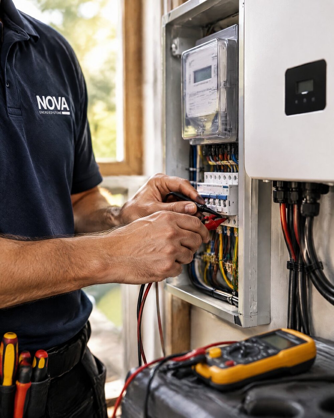 NOVA-Elektriker beim Anschluss des Wechselrichters
