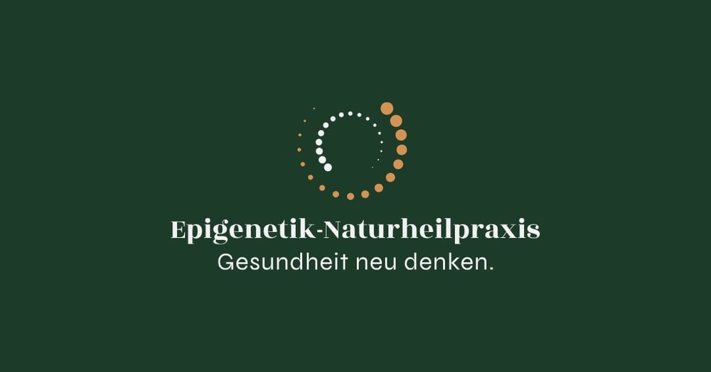 Logo mit weißen und orangefarbenen Punkten, die eine Spirale bilden, über "Epigenetik-Naturheilpraxis" und "Gesundheit neu denken."