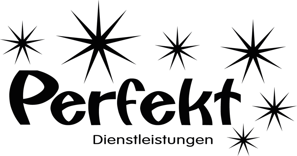 Schwarzer Text "Perfekt Dienstleistungen" mit schwarzen Sternen auf dunkelgrünem Hintergrund.