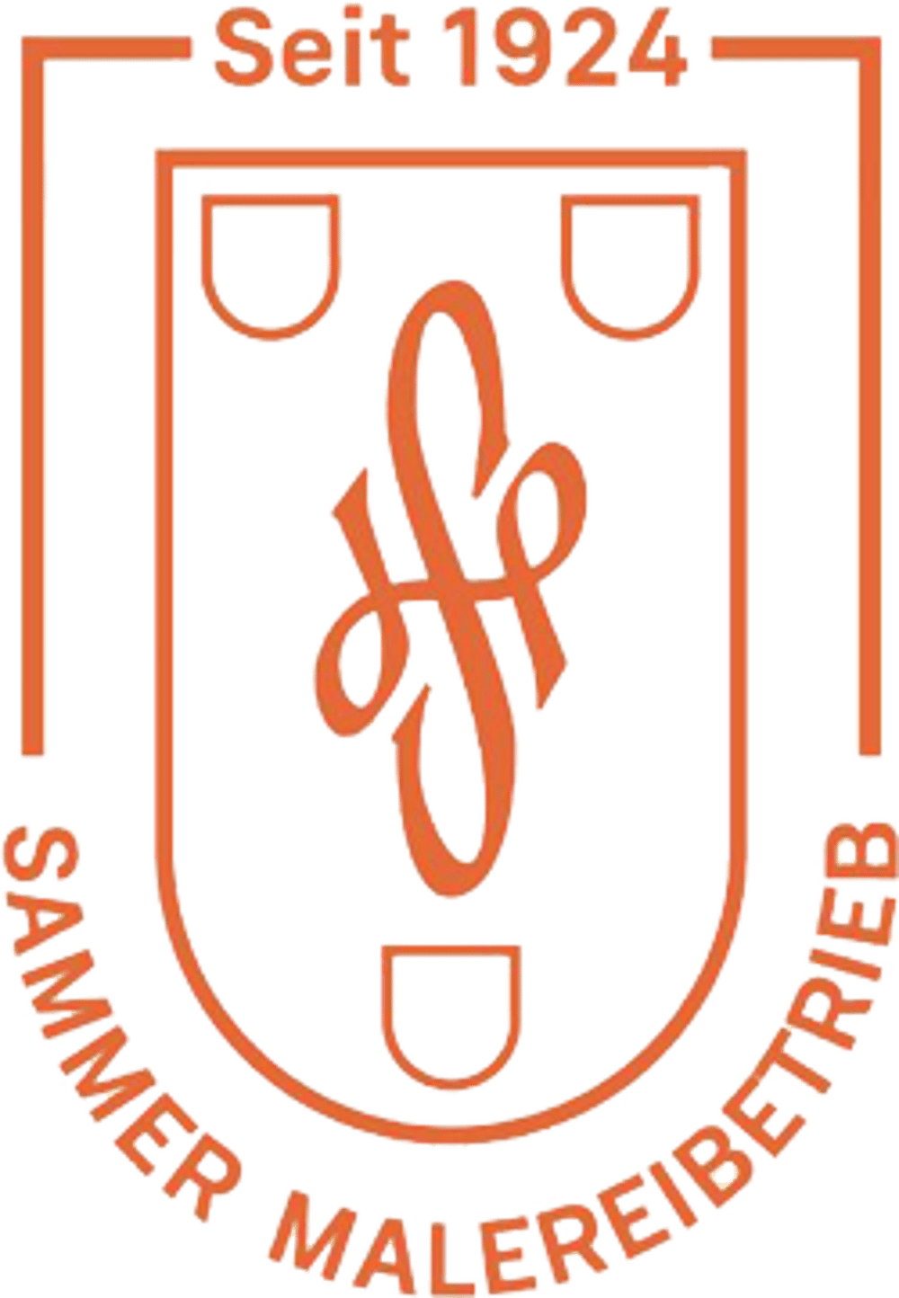 Grünes Wappen mit orangefarbenem Rahmen, Schriftzug "Seit 1924" und "Sammer Malerbetrieb" sowie Monogramm in der Mitte.