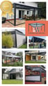 Collage von Terrassenüberdachungen: Glasanbau, Pergolen, Sonnenschutz und EMÜ Überdachung Logo.