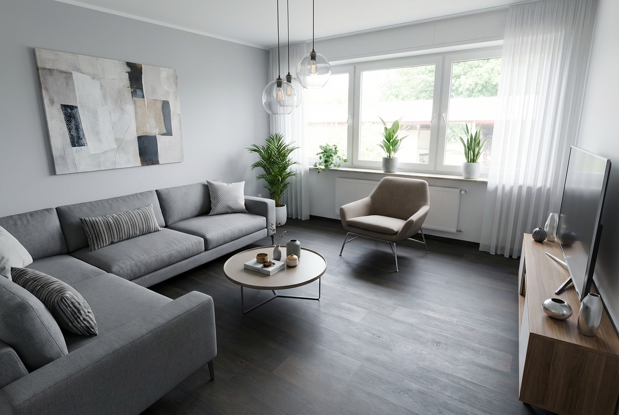 Nachher: Modern eingerichtetes Wohnzimmer