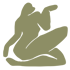 Stilisierte, sitzende weibliche Figur in Dunkelgrün auf olivgrünem Hintergrund.