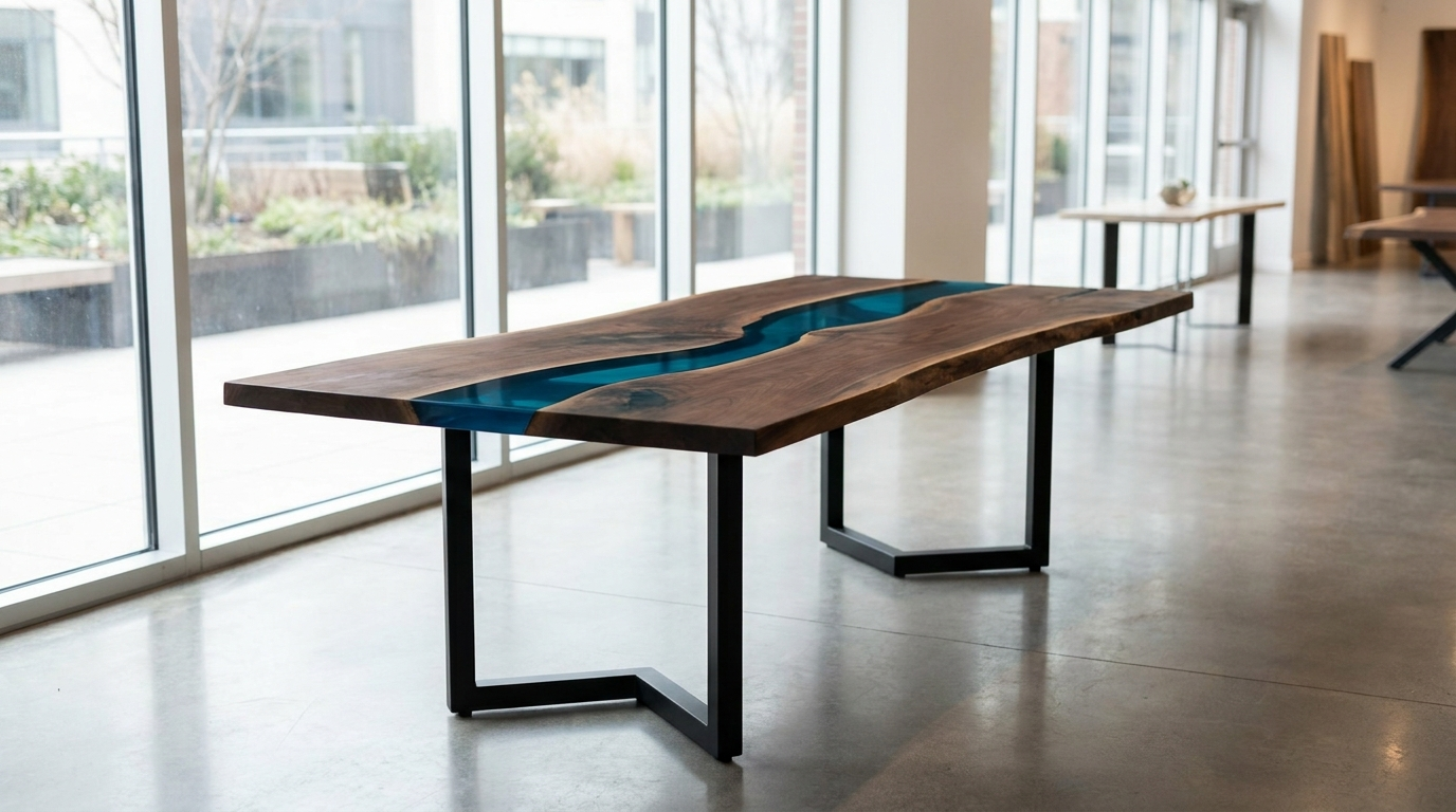Individueller Tisch aus Holz und blauem Epoxidharz
