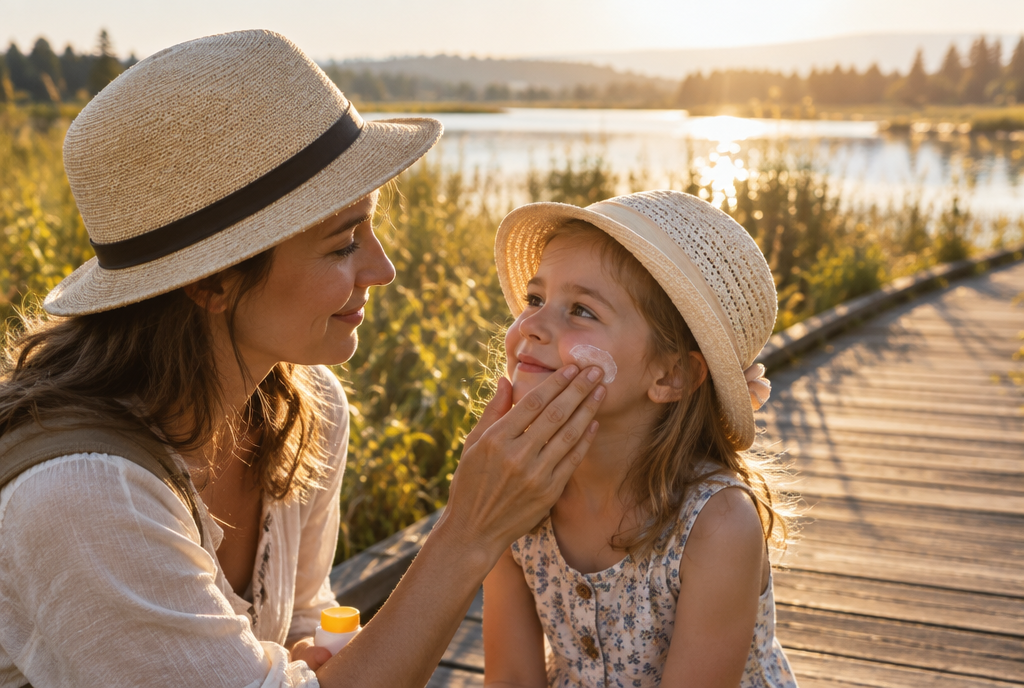 Mutter cremt ihrer Tochter am Federsee das Gesicht mit Sonnencreme ein