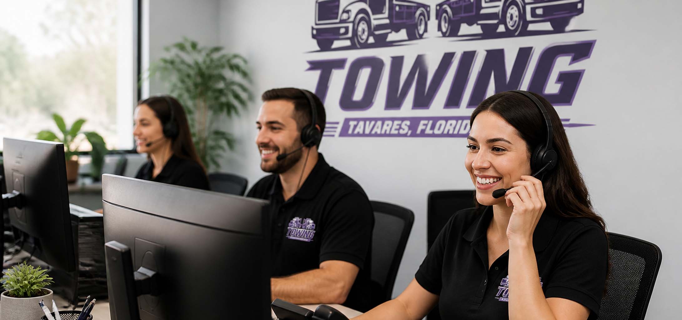 Customer service representatives taking dispatch calls at a towing office in Tavares, FL.