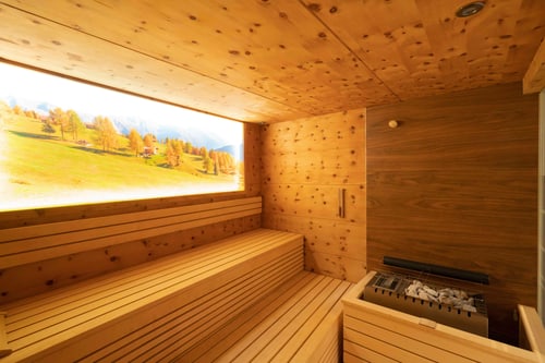 Zirbensauna mit beleuchtetem Alpenlandschaftsbild
