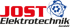 Rotes "JOST" Logo mit blauem Atom-Symbol und "Elektrotechnik GmbH" auf grünem Hintergrund.