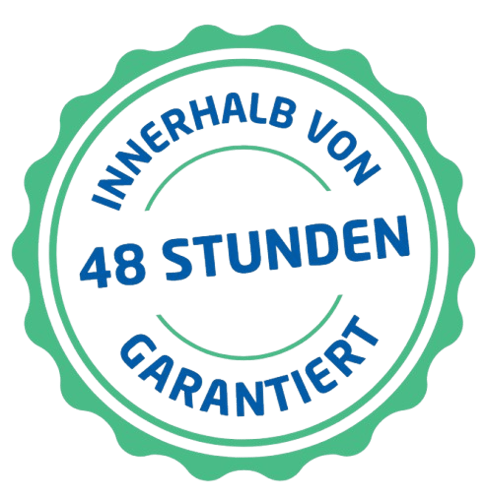 Grünes Siegel mit blauem Text: „INNERHALB VON 48 STUNDEN GARANTIERT“