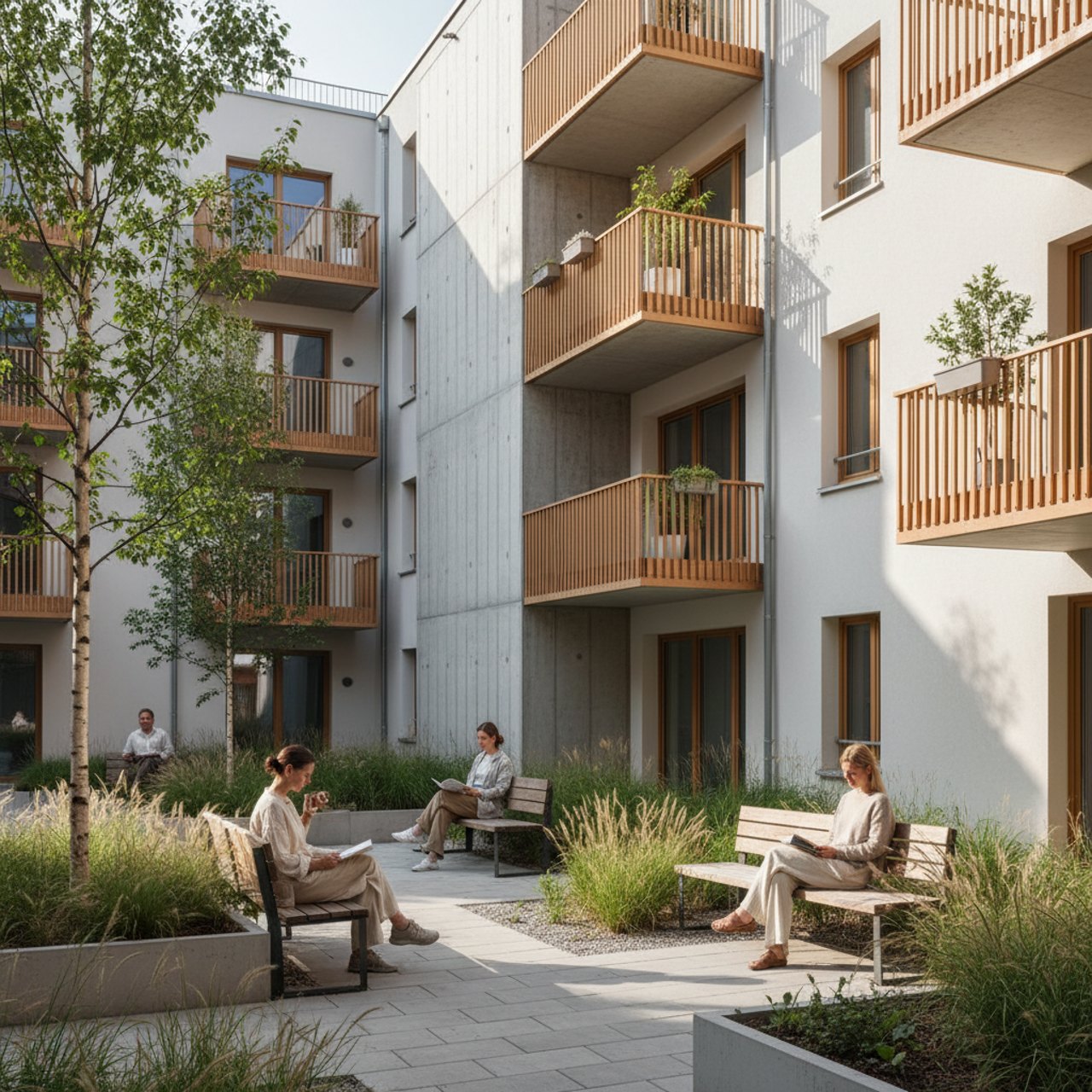 Begr\u00fcnter Innenhof einer Neubau-Wohnanlage