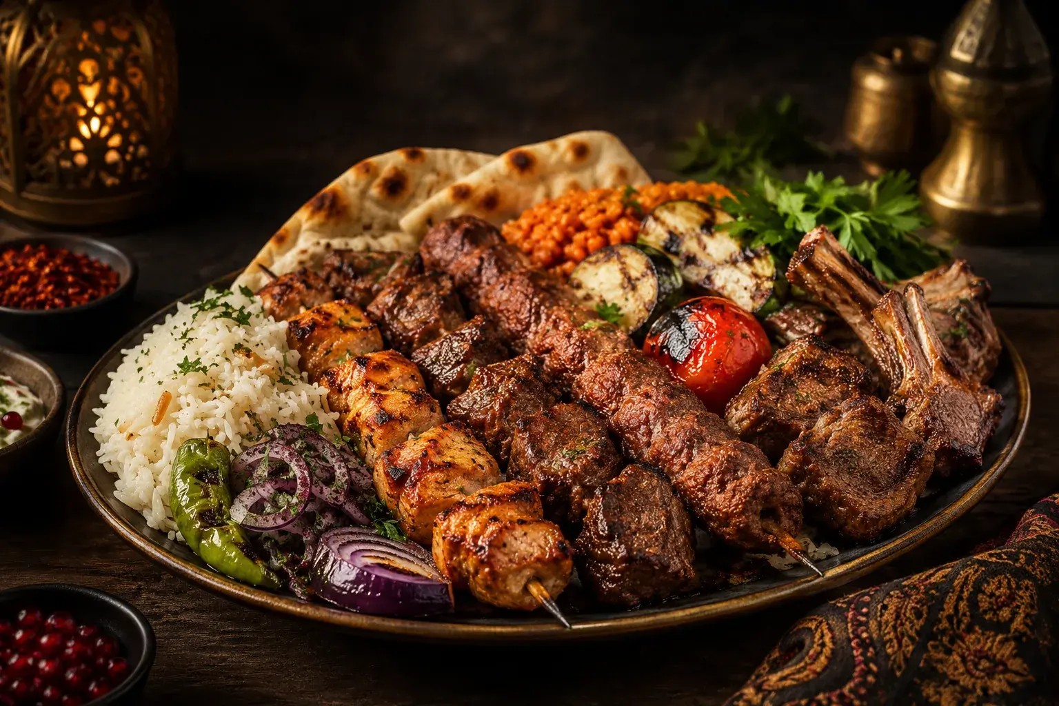 Orientalische Grillplatte mit Fleischspießen, Köfte, gegrillten Tomaten, Hirtensalat und Joghurt