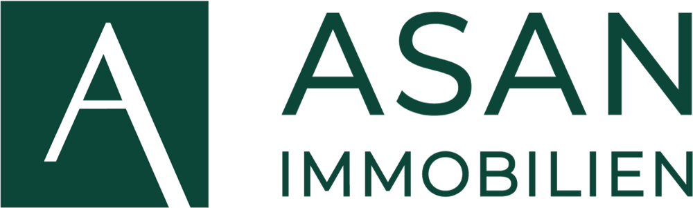Logo: Weißer Buchstabe A auf dunkelgrünem Feld, daneben ASAN IMMOBILIEN in grün auf hellgrünem Feld.
