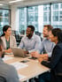Vier lächelnde Kollegen in Business-Kleidung sitzen bei einem Meeting mit Laptop und Dokumenten an einem Bürotisch.