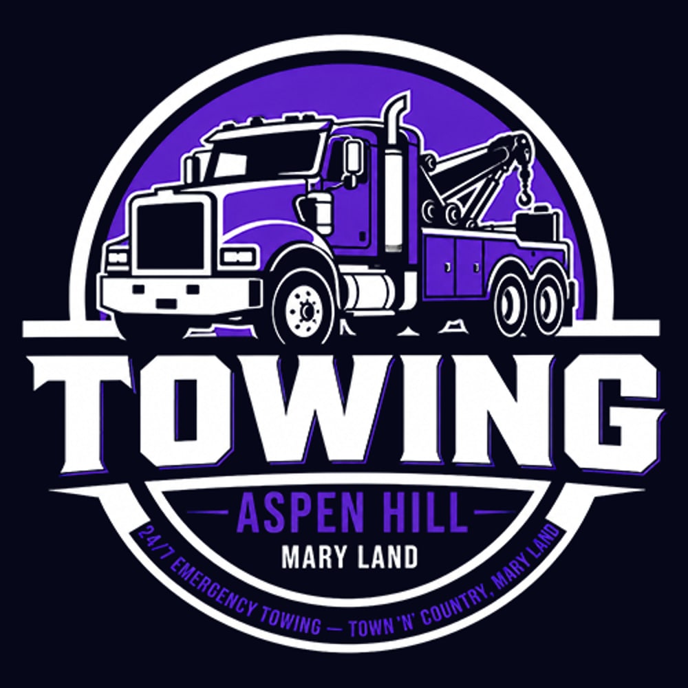 Purple tow truck in a white circle with "TOWING," "ASPEN HILL," and "MARYLAND" text.