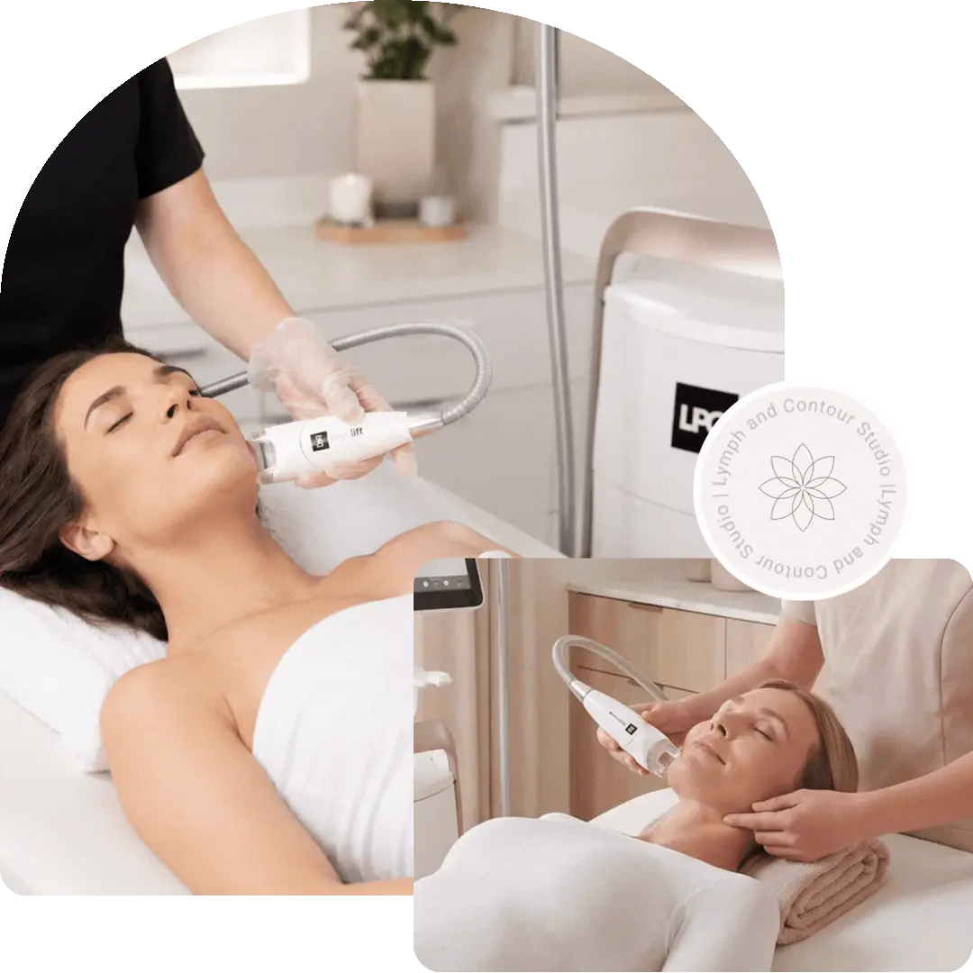 A practitioner performing machine-assisted face massage on clients jawlines, next to text titled Lymph and Contour Studio near Largo