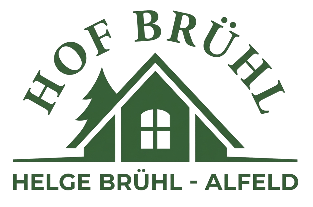 HOF BRÜHL Logo mit einem Haus und Baum, darunter "HELGE BRÜHL - ALFELD".