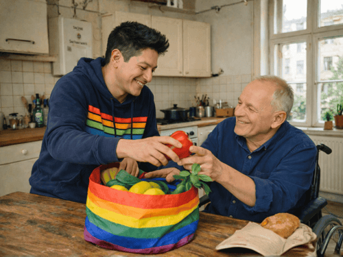 Ein lächelnder Mann im Rollstuhl nimmt einen roten Apfel von einem jüngeren Mann mit Kapuzenpullover vor einem Regenbogen-Beutel entgegen.