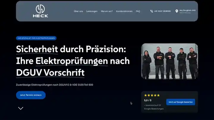 Bildschirmaufnahme der neuen Website von Dienstleistungen Heck
