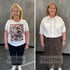 Vorher-Nachher-Vergleich einer Frau: Links in T-Shirt und Hose, rechts in weißer Bluse und Rock mit Leopardenmuster.