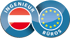 Zwei blaue Kreise mit weißem Text "INGENIEUR" und "BÜROS", die Österreich- und EU-Flaggen zeigen.