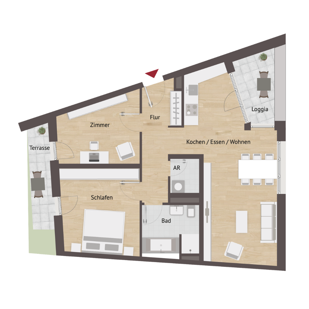 Grundriss Wohnung 47 – 3-Zimmer-Wohnung mit Terrasse und Loggia, ca. 81 m²