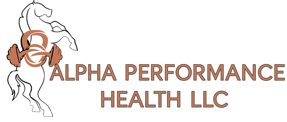 Alpha Performance Health LLC logo featuring a rearing white horse with a kettlebell and barbell on a black background.
